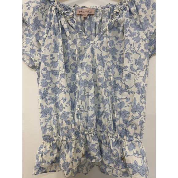 Philosophy Peasant Top Women’s Large  Flutter Sleeves Blue White Toile Floral - Picture 5 of 10
